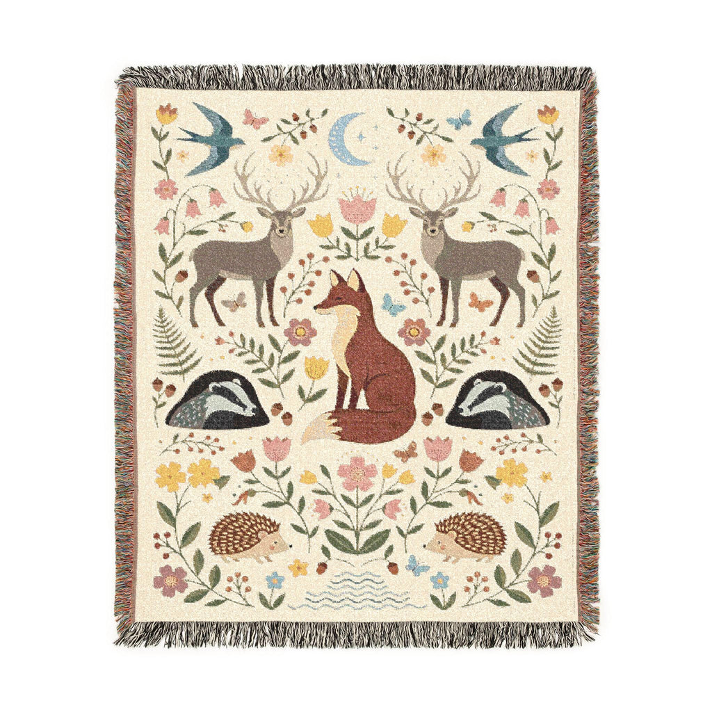 Woodland Animals Woven Blanket, Customizable Cottagecore Fox Throw, Folk Art Deer Badger Hedgehog Blanket, Nature Nursery, Rustic Throw