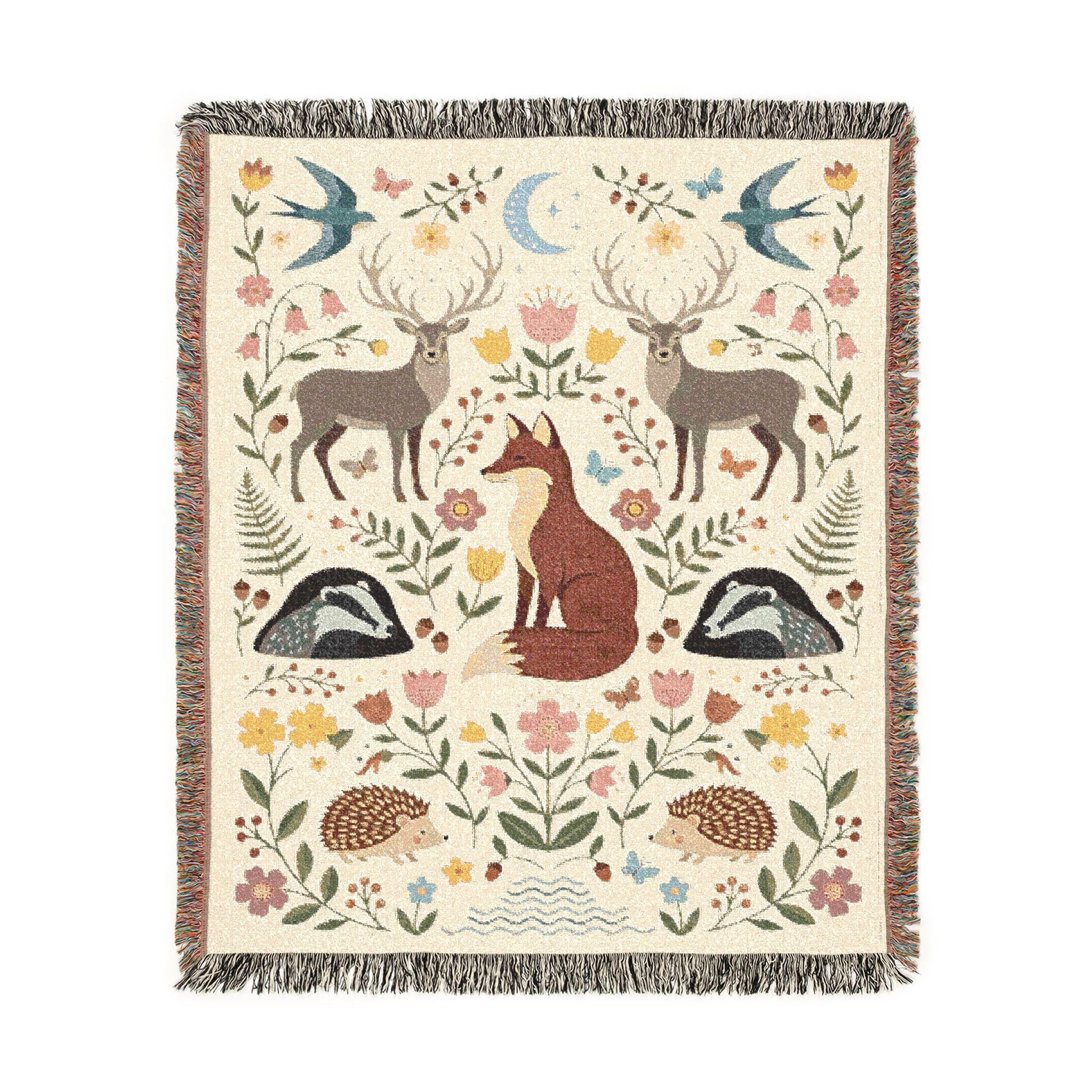 Woodland Animals Woven Blanket, Customizable Cottagecore Fox Throw, Folk Art Deer Badger Hedgehog Blanket, Nature Nursery, Rustic Throw