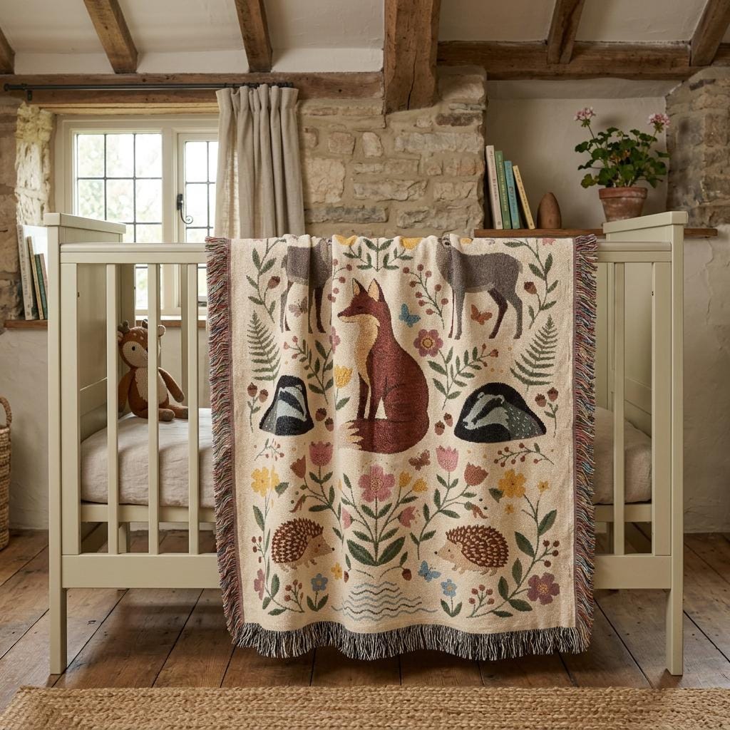 Woodland Animals Woven Blanket, Customizable Cottagecore Fox Throw, Folk Art Deer Badger Hedgehog Blanket, Nature Nursery, Rustic Throw