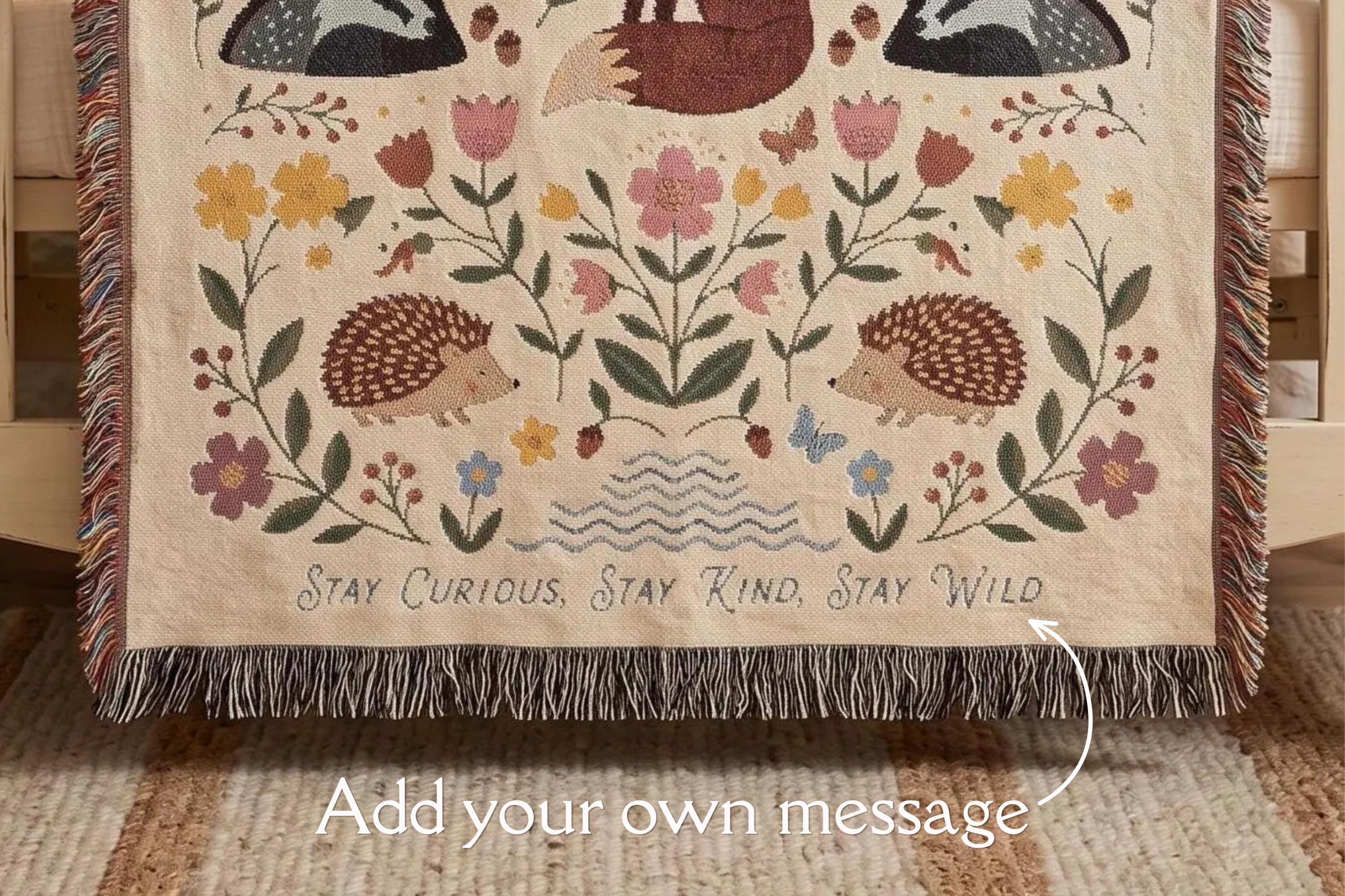 Woodland Animals Woven Blanket, Customizable Cottagecore Fox Throw, Folk Art Deer Badger Hedgehog Blanket, Nature Nursery, Rustic Throw