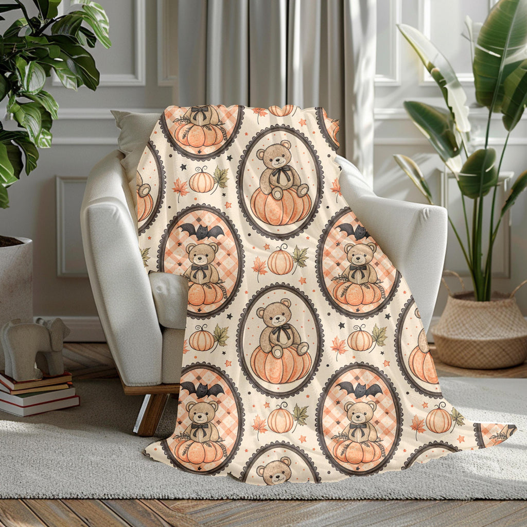 Pumpkin Teddy Bear Pattern Velveteen Plush Blanket | Fall Halloween Throw