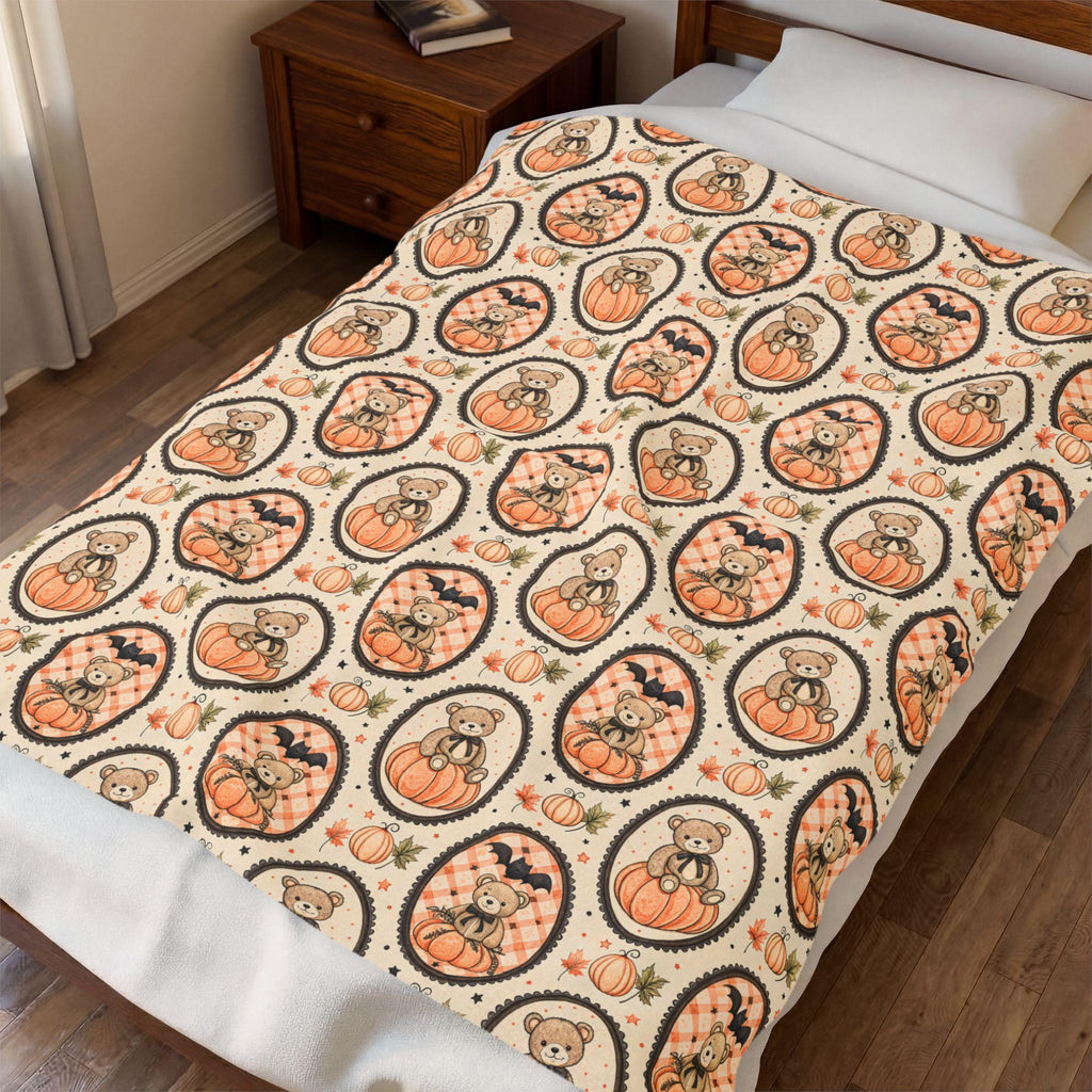 Pumpkin Teddy Bear Pattern Velveteen Plush Blanket | Fall Halloween Throw