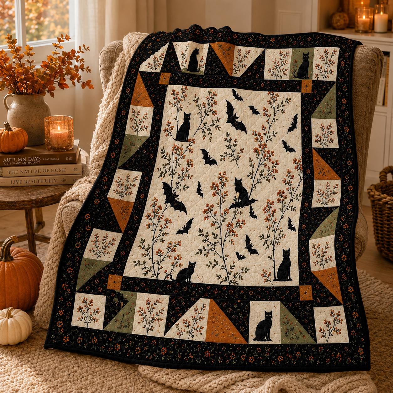 Halloween Bat Black Cat Quilt Blanket, Vintage Flying Bats Patchwork Throw Blanket, Gothic Floral Autumn Bedding, Cozy Fall Sofa Spooky Gift