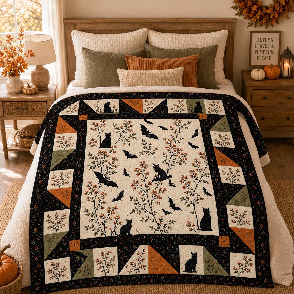 Halloween Bat Black Cat Quilt Blanket, Vintage Flying Bats Patchwork Throw Blanket, Gothic Floral Autumn Bedding, Cozy Fall Sofa Spooky Gift