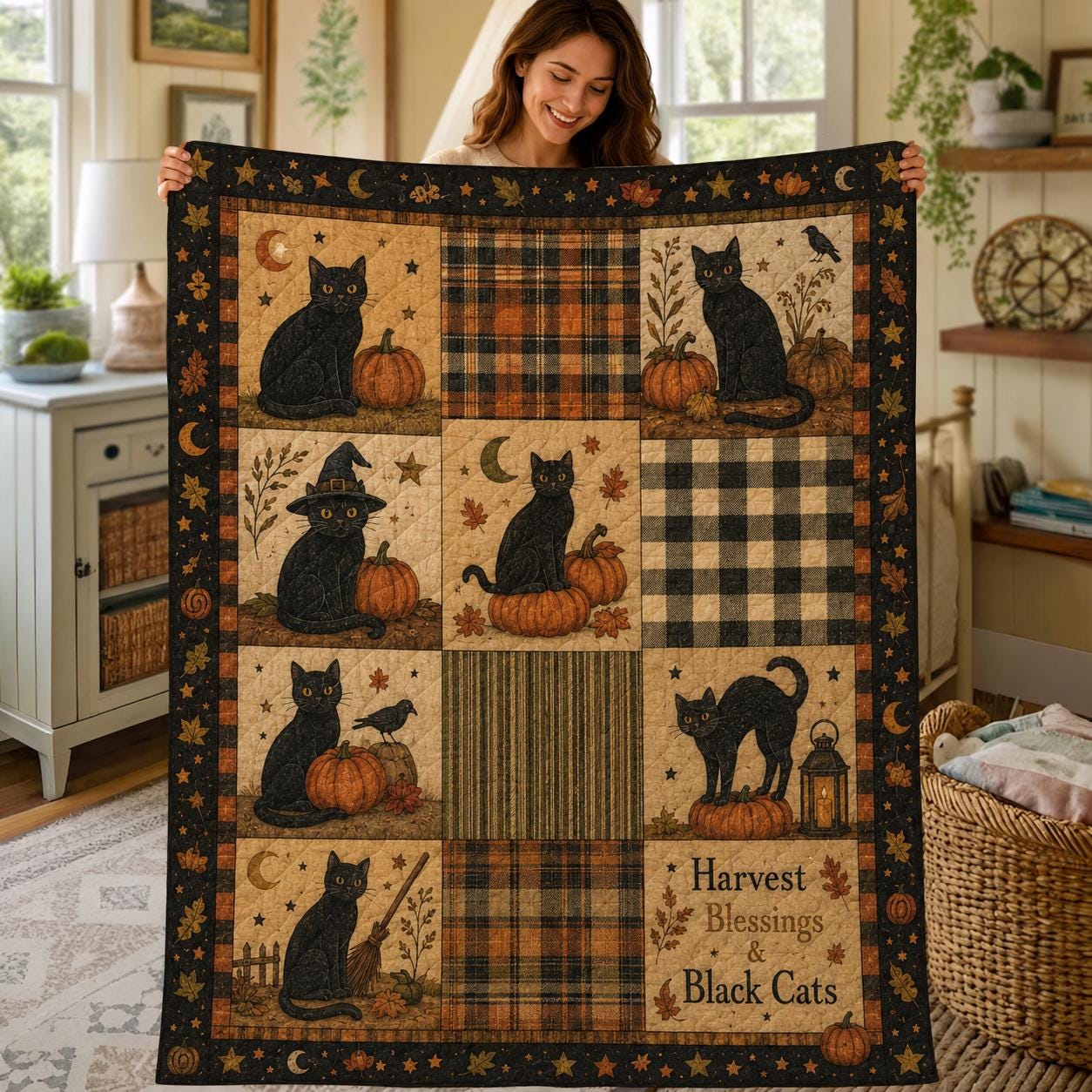 Rustic Halloween Throw Blanket, Black Cat Ghost Pumpkin Quilt, Cozy Patchwork Bedding, Autumn Farmhouse Decor Gift