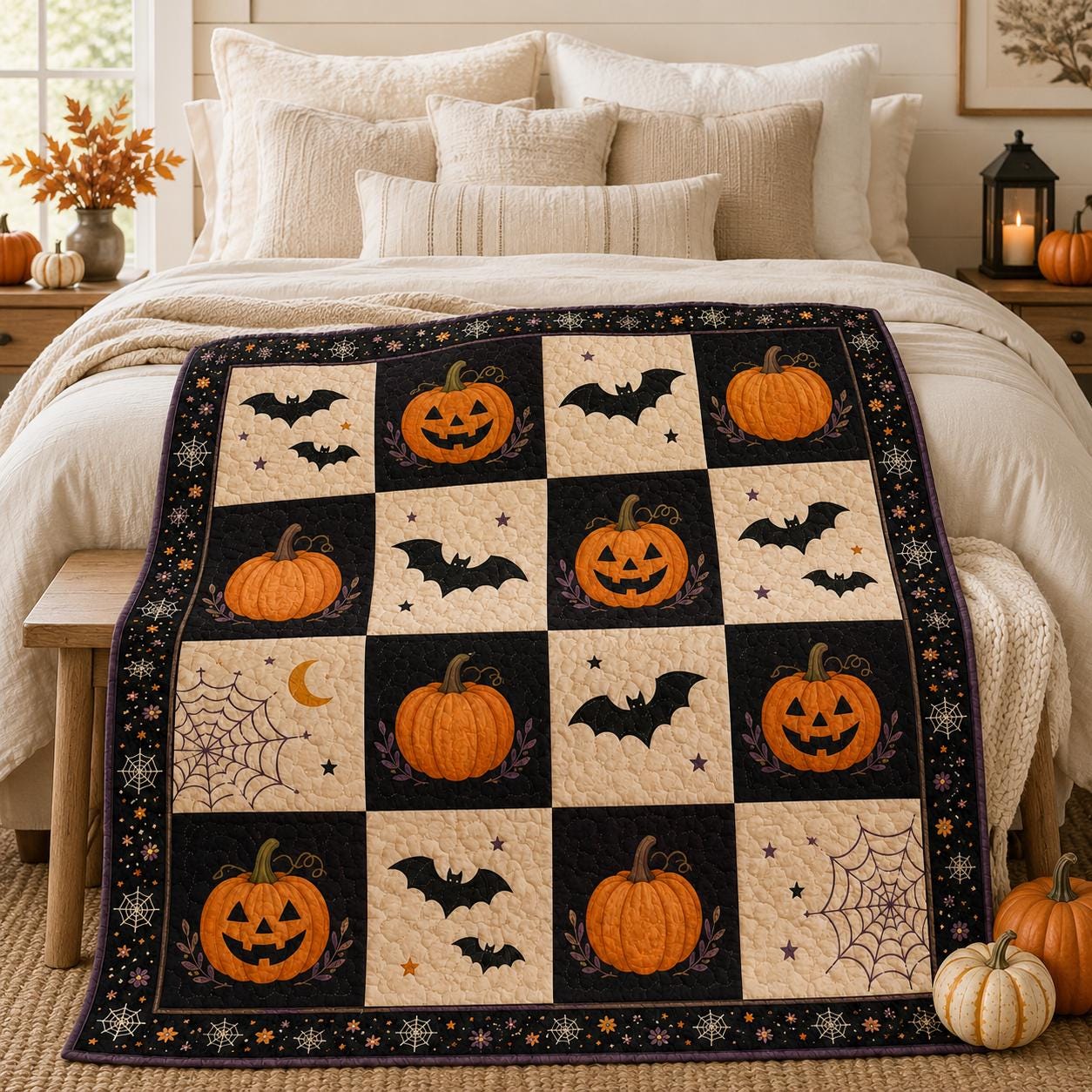 Pumpkin Bat Halloween Quilt Blanket, Vintage Spooky Patchwork Throw, Gothic Fall Bedding, Cozy Autumn Home Decor Gift
