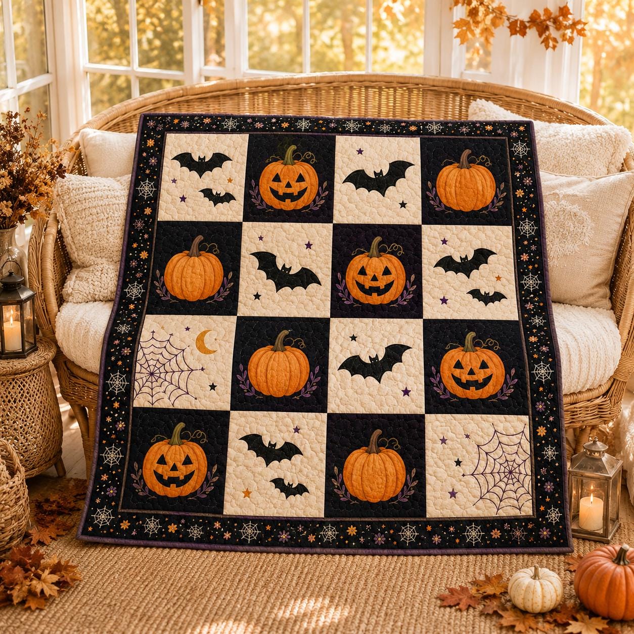 Pumpkin Bat Halloween Quilt Blanket, Vintage Spooky Patchwork Throw, Gothic Fall Bedding, Cozy Autumn Home Decor Gift