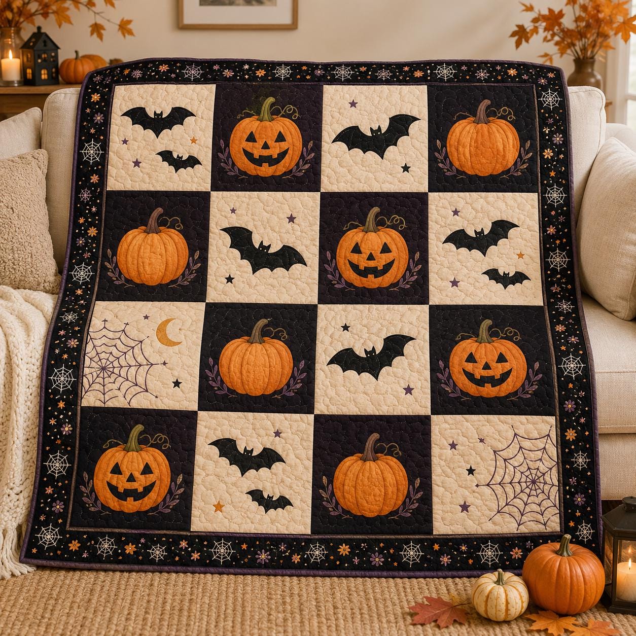 Pumpkin Bat Halloween Quilt Blanket, Vintage Spooky Patchwork Throw, Gothic Fall Bedding, Cozy Autumn Home Decor Gift