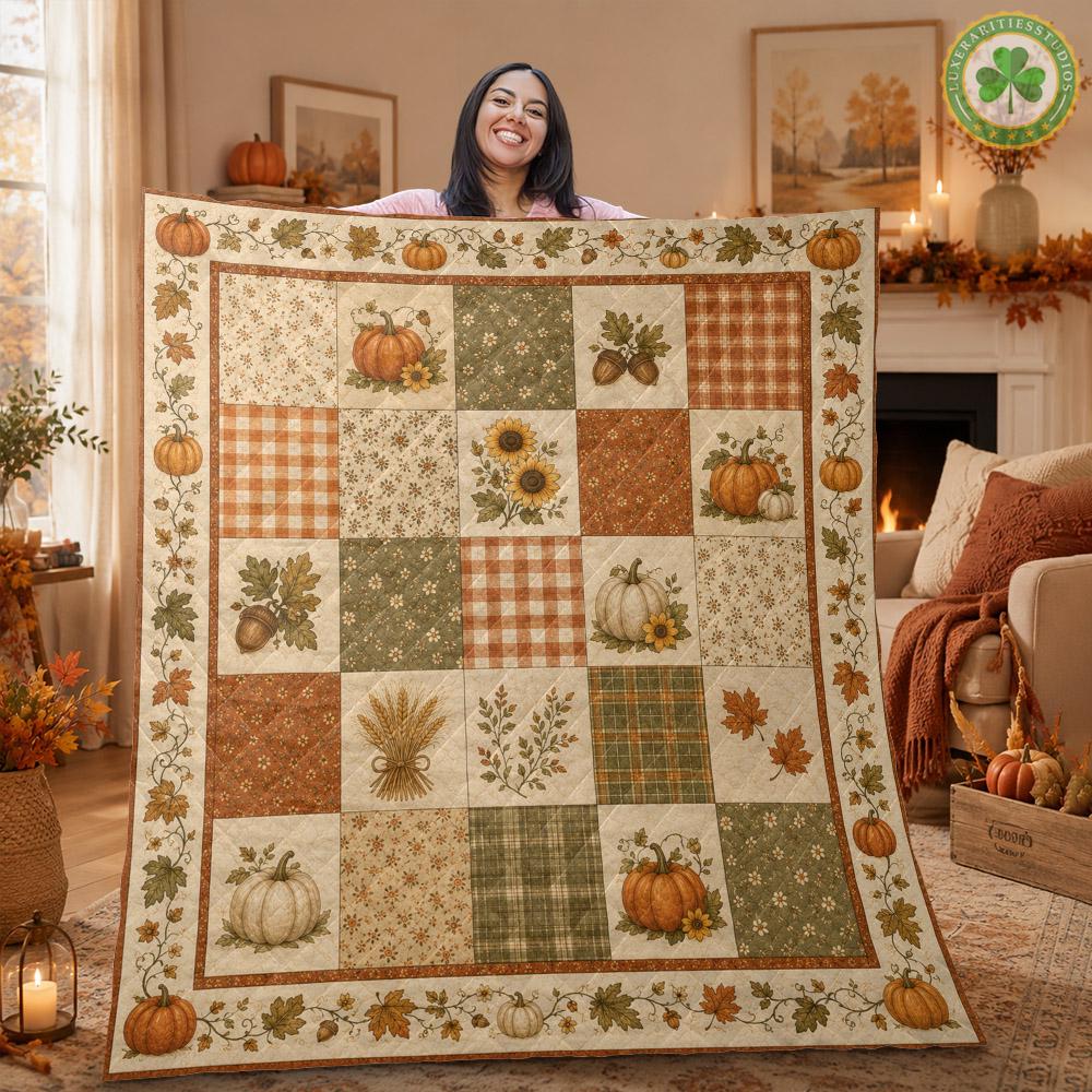 Autumn Patchwork Quilt Blanket, Pumpkin Fall Bedding, Farmhouse Harvest Throw, Cottagecore Quilt