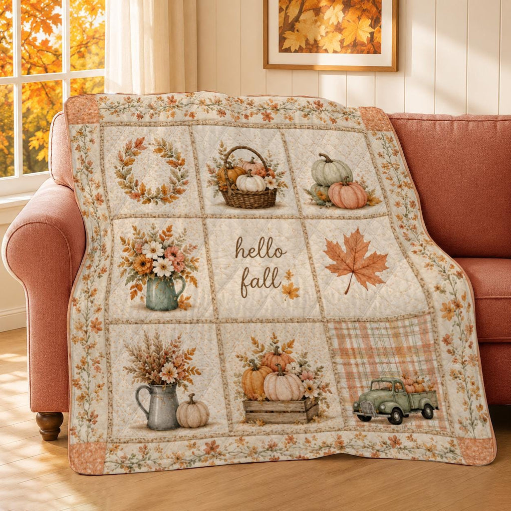 Rustic Fall Quilt Blanket, Pumpkin Patchwork Throw, Autumn Farmhouse Bedding, Cozy Harvest Home Decor