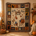 Halloween Woven Blanket, Spooky Season Ghost Throw Blanket, Pumpkin Cat Fall Decor, Cozy Autumn Fringe Blanket BRD-1G127