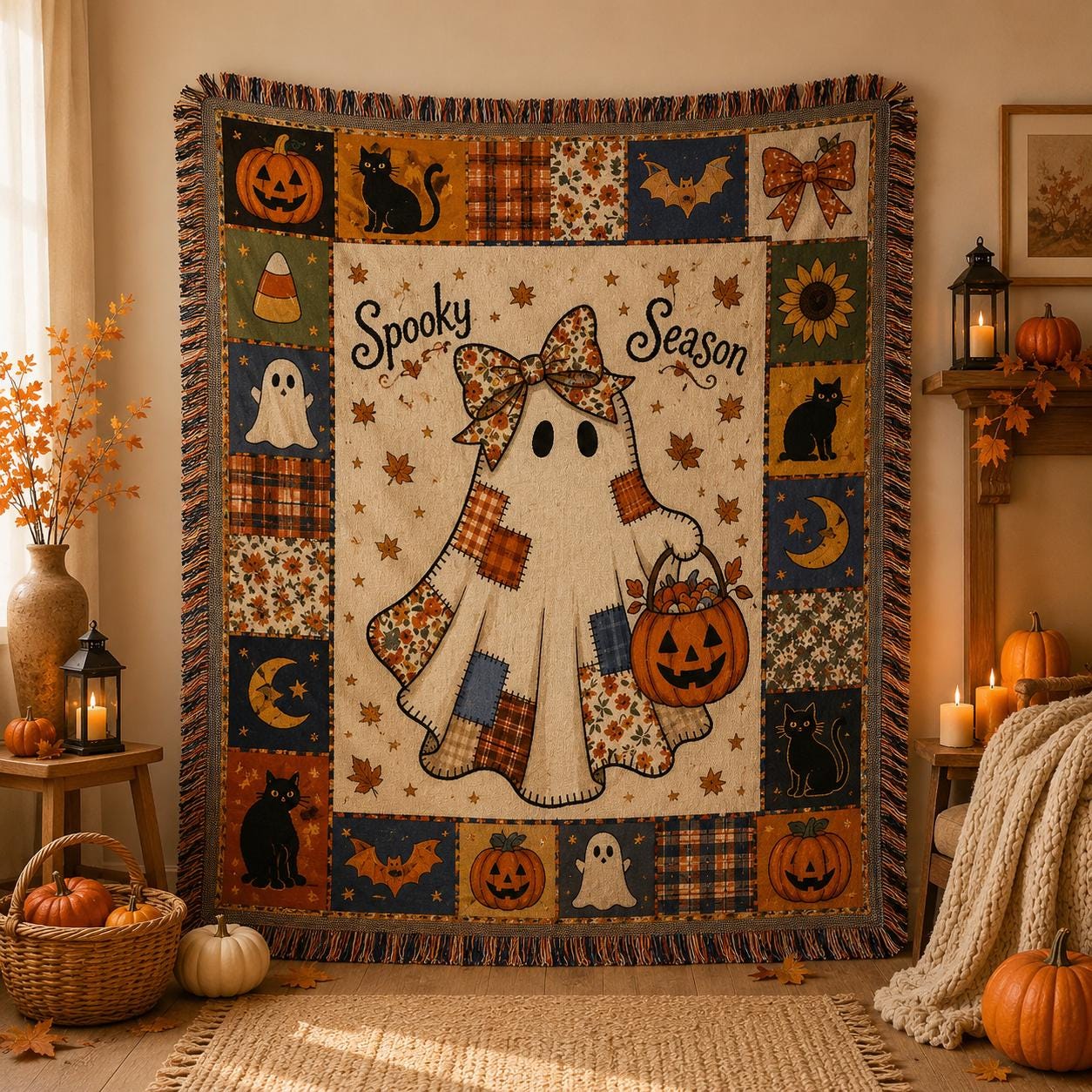 Halloween Woven Blanket, Spooky Season Ghost Throw Blanket, Pumpkin Cat Fall Decor, Cozy Autumn Fringe Blanket BRD-1G127