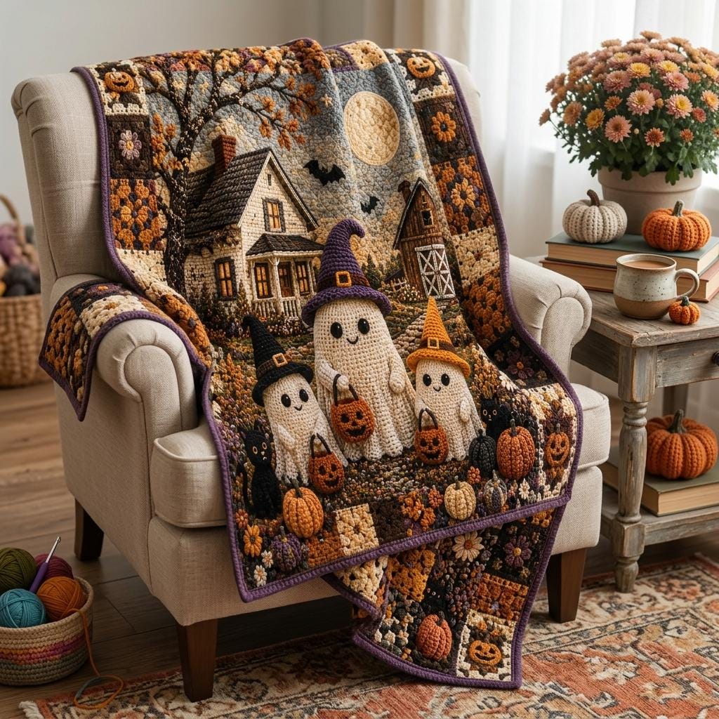 Halloween Quilt Blanket, Faux Crochet Cute Ghost Print Blanket, Spooky Pumpkin Patch Throw, Gothic Autumn Bedding, Haunted House Decor