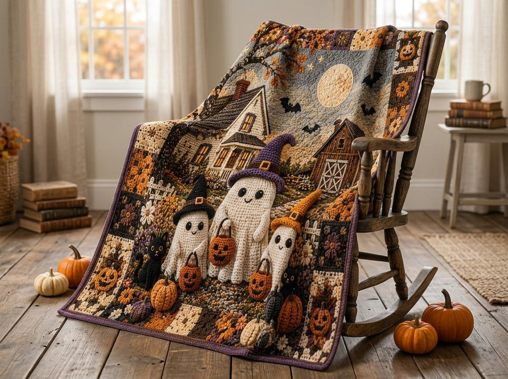 Halloween Quilt Blanket, Faux Crochet Cute Ghost Print Blanket, Spooky Pumpkin Patch Throw, Gothic Autumn Bedding, Haunted House Decor