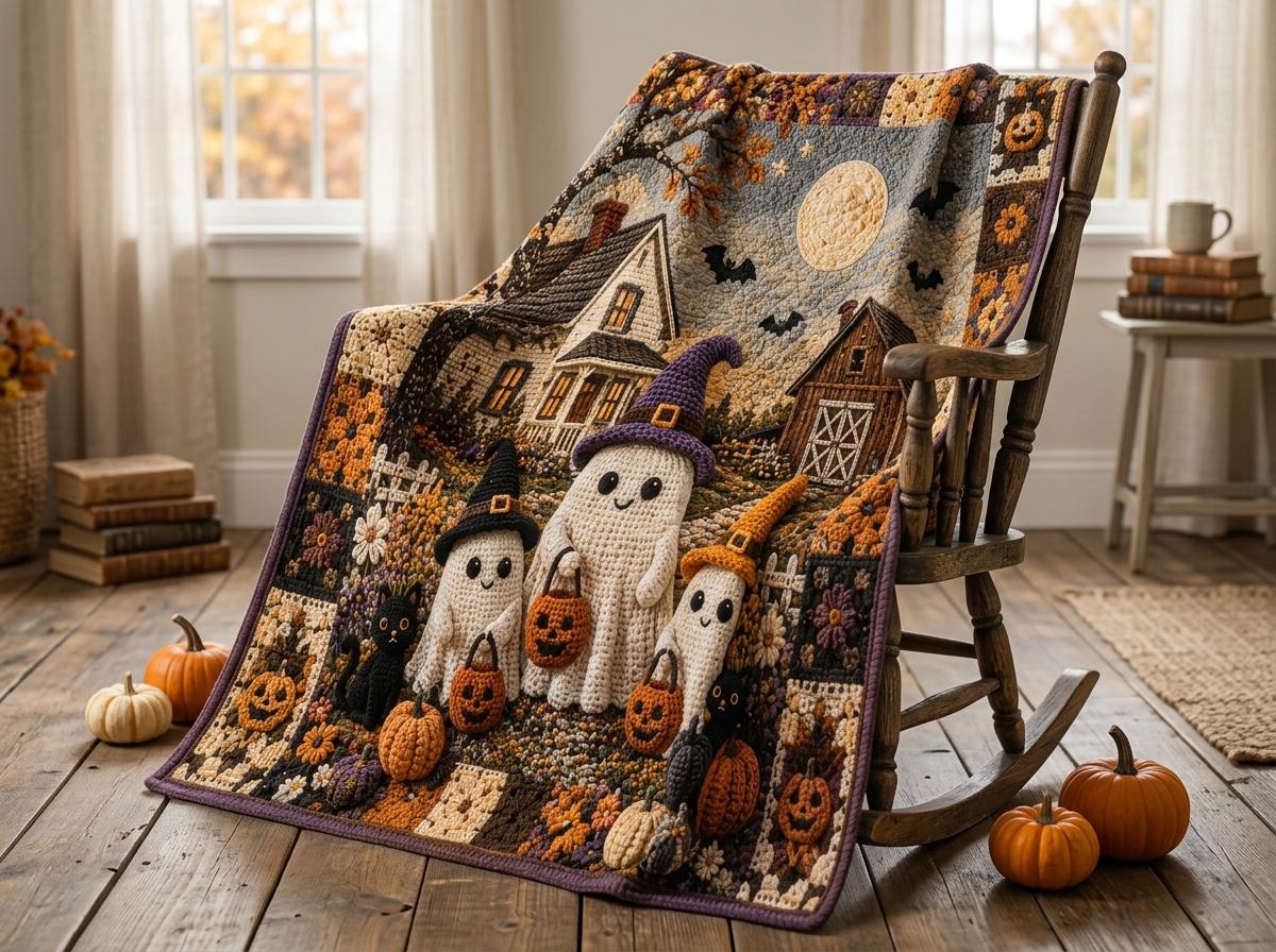 Halloween Quilt Blanket, Faux Crochet Cute Ghost Print Blanket, Spooky Pumpkin Patch Throw, Gothic Autumn Bedding, Haunted House Decor
