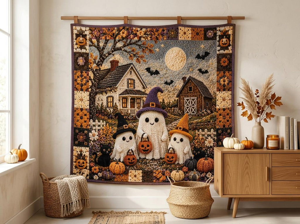 Halloween Quilt Blanket, Faux Crochet Cute Ghost Print Blanket, Spooky Pumpkin Patch Throw, Gothic Autumn Bedding, Haunted House Decor