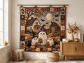 Halloween Quilt Blanket, Faux Crochet Cute Ghost Print Blanket, Spooky Pumpkin Patch Throw, Gothic Autumn Bedding, Haunted House Decor