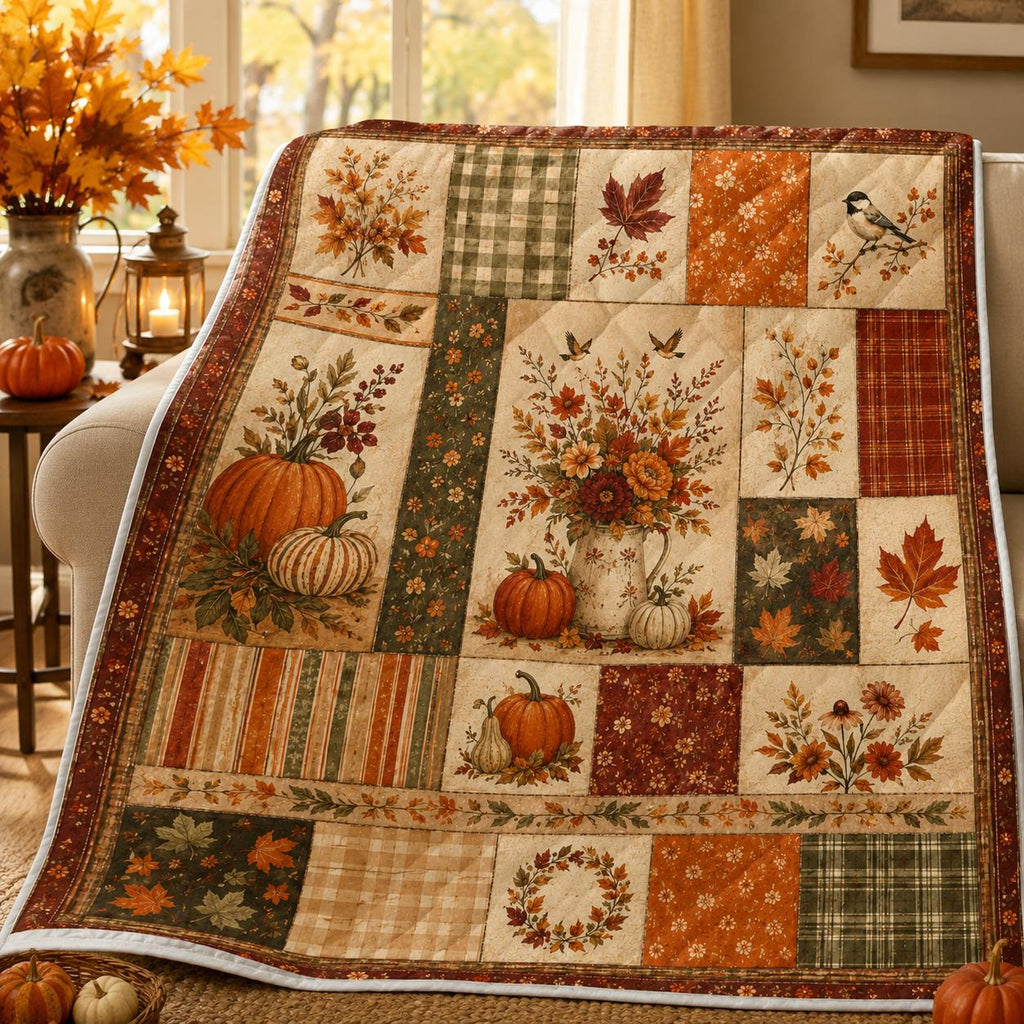 Fall Quilt Blanket, Printed Autumn Patchwork Blanket, Pumpkin Floral Throw Blanket, Farmhouse Fall Decor, Thanksgiving Couch Blanket Gift