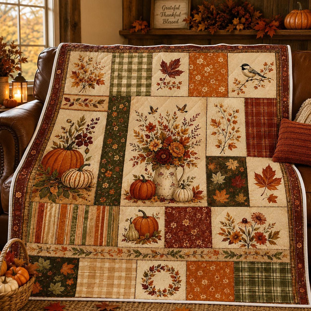 Fall Quilt Blanket, Printed Autumn Patchwork Blanket, Pumpkin Floral Throw Blanket, Farmhouse Fall Decor, Thanksgiving Couch Blanket Gift