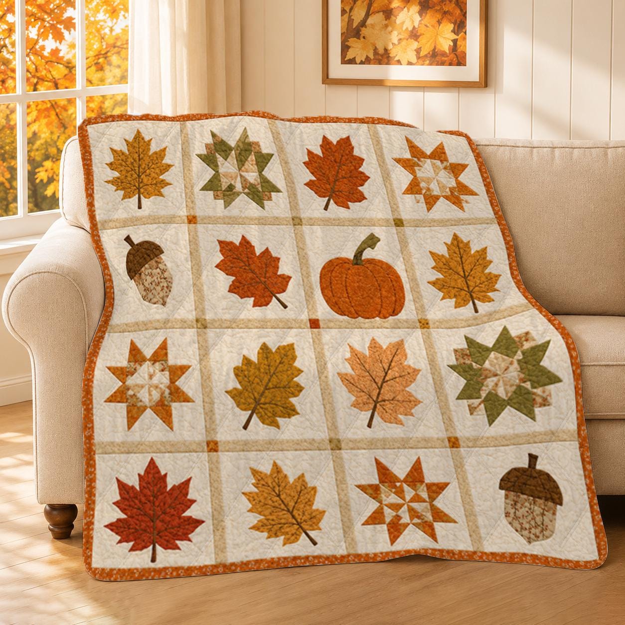 Autumn Leaf Patchwork Quilt Blanket, Cozy Seasonal Bed Cover Home Decor