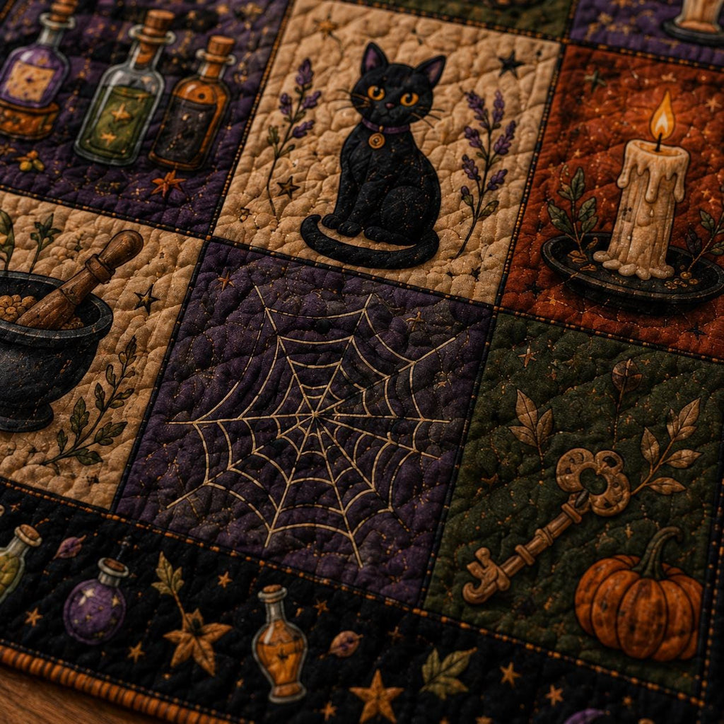 Halloween Quilt Blanket, Black Cat Ghost Pumpkin Throw Blanket, Vintage Patchwork Bedding, Cozy Fall Farmhouse Decor, Autumn Gift