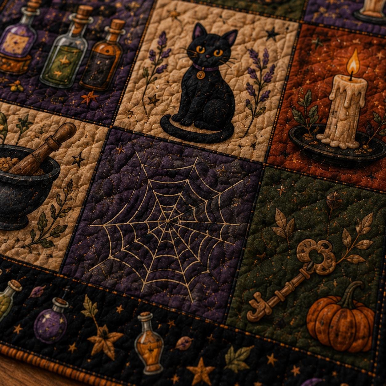 Halloween Quilt Blanket, Black Cat Ghost Pumpkin Throw Blanket, Vintage Patchwork Bedding, Cozy Fall Farmhouse Decor, Autumn Gift
