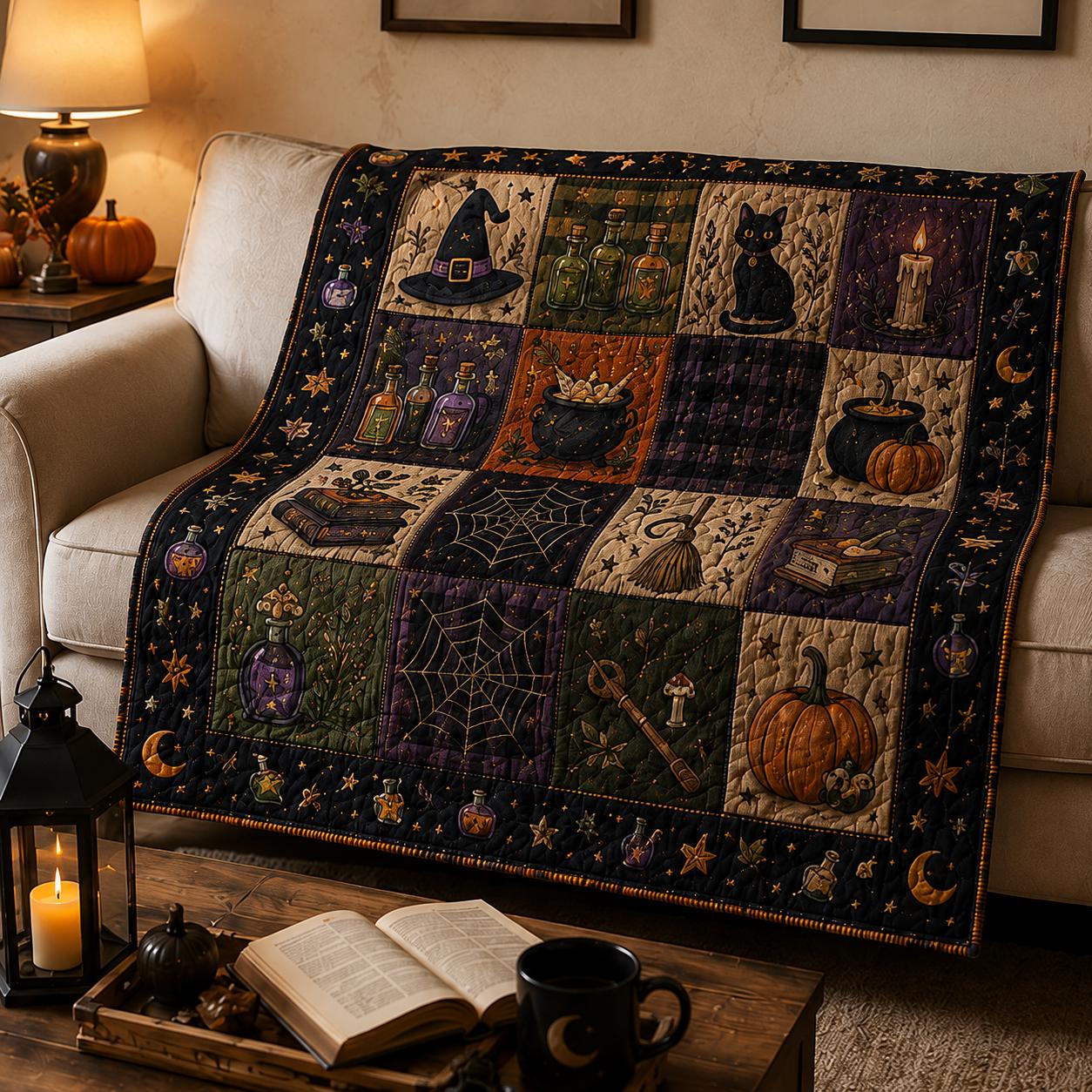 Halloween Quilt Blanket, Black Cat Ghost Pumpkin Throw Blanket, Vintage Patchwork Bedding, Cozy Fall Farmhouse Decor, Autumn Gift