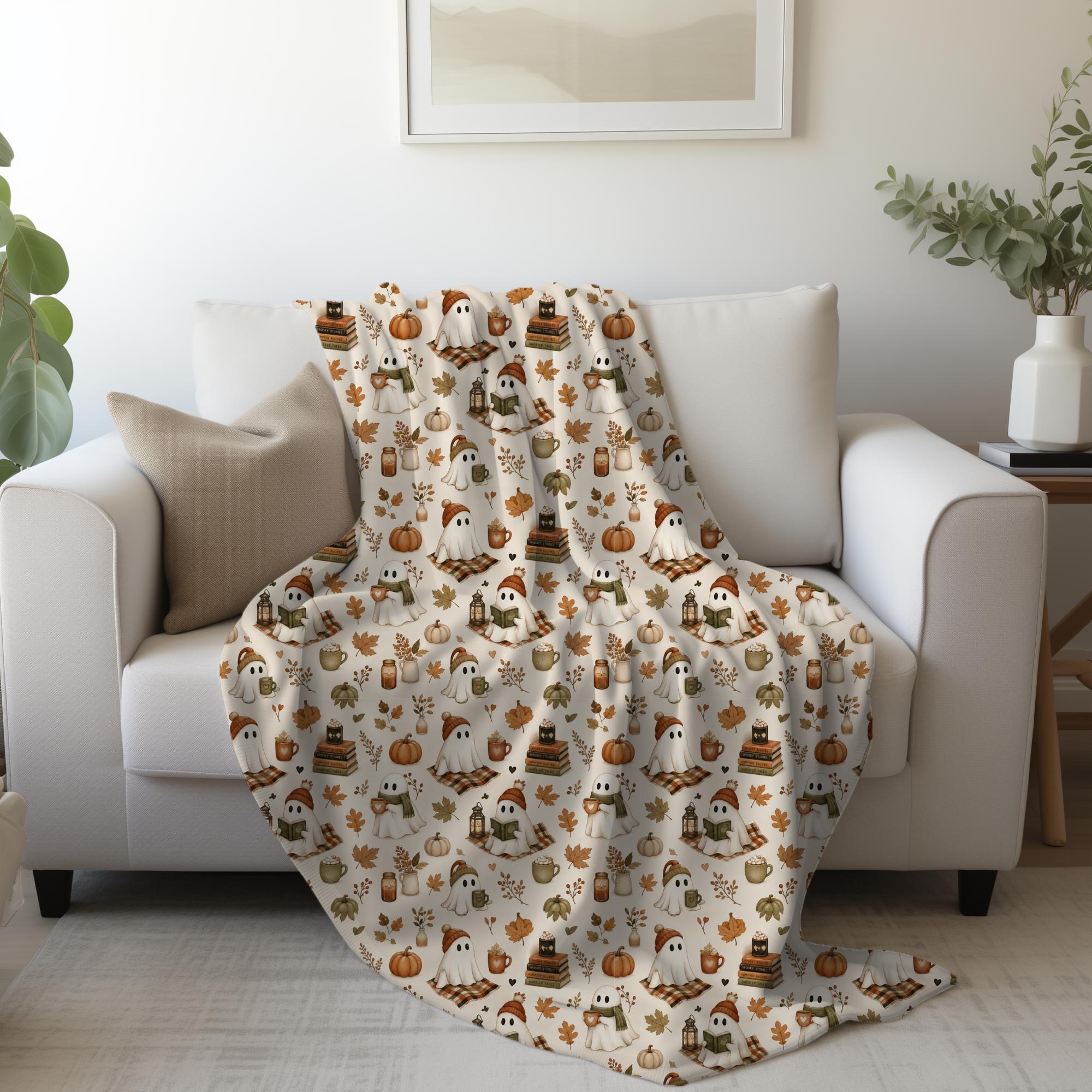Cozy Ghost Reading Blanket, Cute Fall Ghost Throw Blanket, Halloween Cottagecore Blanket, Autumn Book Lover Gift, Pumpkin Reading Blanket