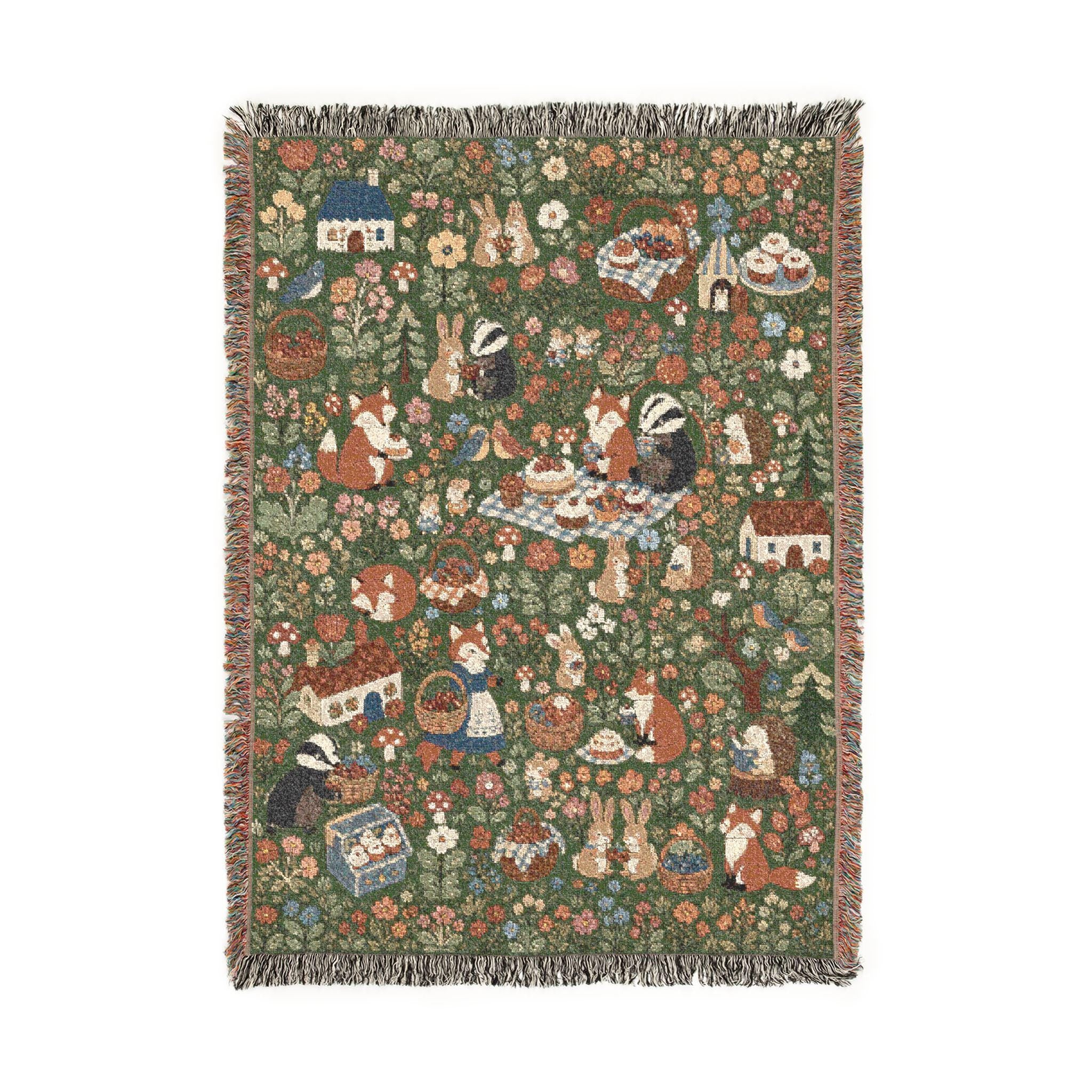 Woodland Picnic Woven Blanket Cottagecore Forest Animal Throw Vintage Storybook Fox Bunny Badger Floral Cotton Tapestry Blanket