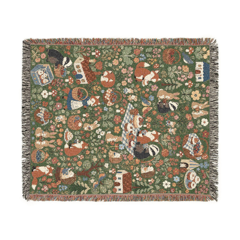 Woodland Picnic Woven Blanket Cottagecore Forest Animal Throw Vintage Storybook Fox Bunny Badger Floral Cotton Tapestry Blanket