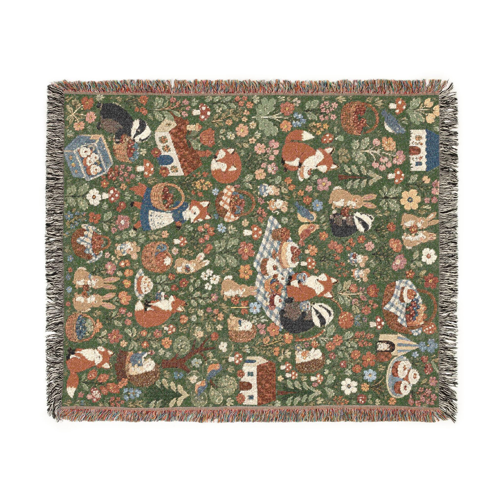 Woodland Picnic Woven Blanket Cottagecore Forest Animal Throw Vintage Storybook Fox Bunny Badger Floral Cotton Tapestry Blanket