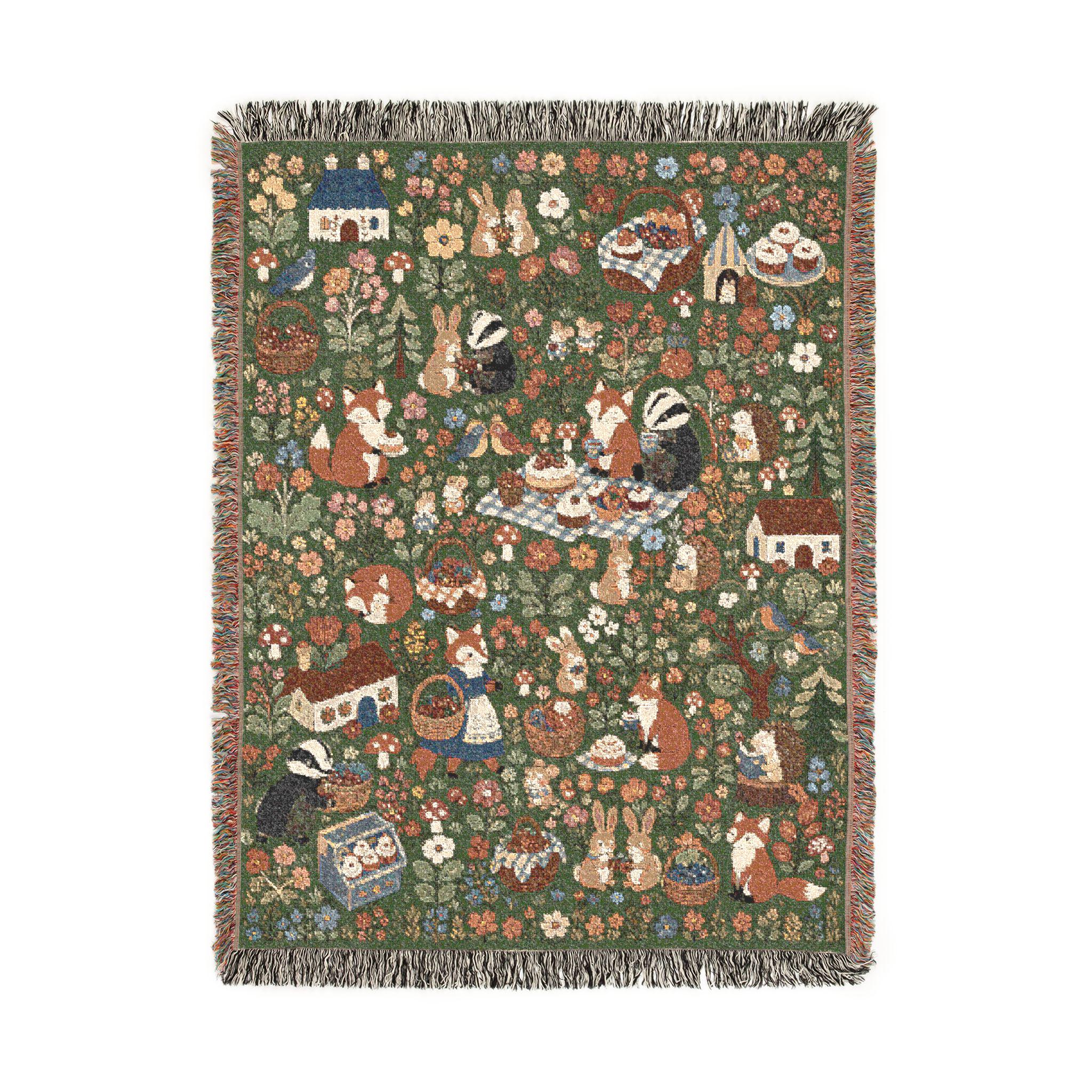 Woodland Picnic Woven Blanket Cottagecore Forest Animal Throw Vintage Storybook Fox Bunny Badger Floral Cotton Tapestry Blanket