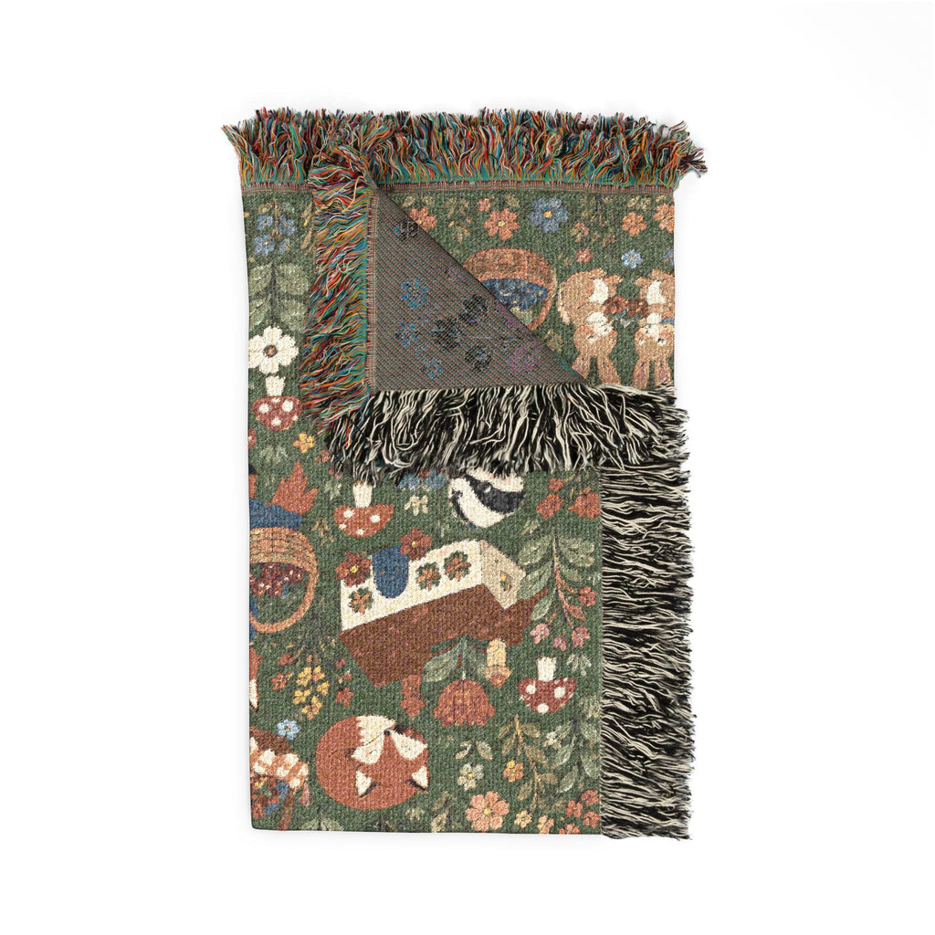 Woodland Picnic Woven Blanket Cottagecore Forest Animal Throw Vintage Storybook Fox Bunny Badger Floral Cotton Tapestry Blanket