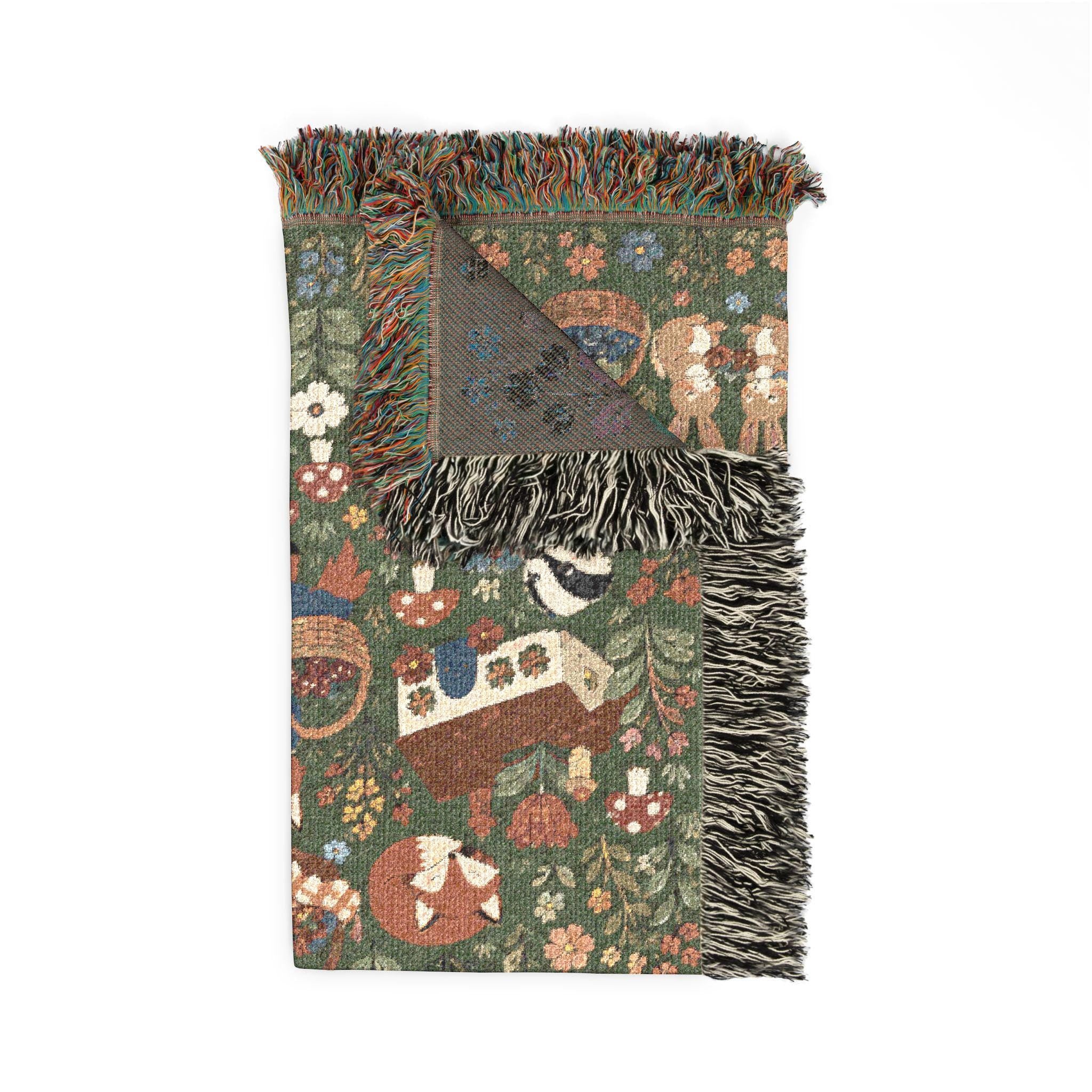 Woodland Picnic Woven Blanket Cottagecore Forest Animal Throw Vintage Storybook Fox Bunny Badger Floral Cotton Tapestry Blanket