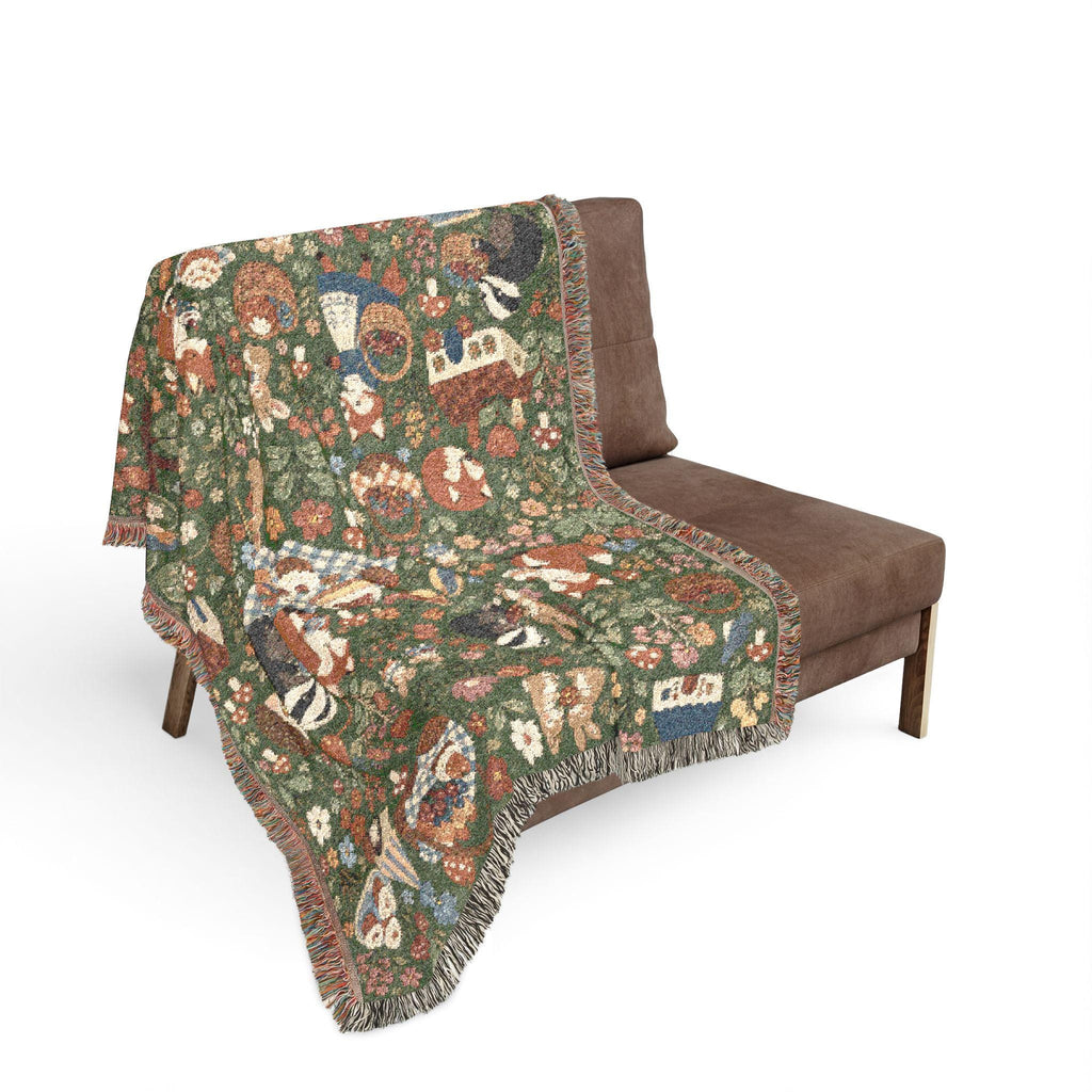 Woodland Picnic Woven Blanket Cottagecore Forest Animal Throw Vintage Storybook Fox Bunny Badger Floral Cotton Tapestry Blanket