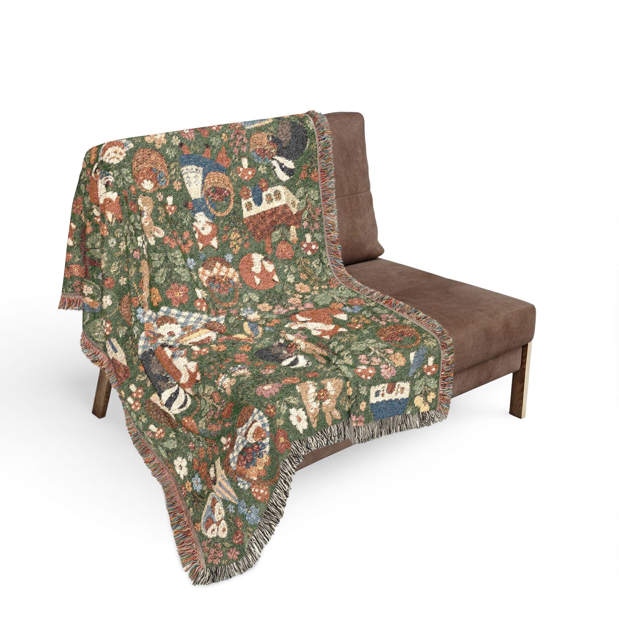 Woodland Picnic Woven Blanket Cottagecore Forest Animal Throw Vintage Storybook Fox Bunny Badger Floral Cotton Tapestry Blanket
