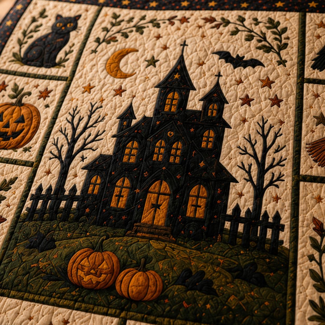 Halloween Patchwork Quilt Set, Pumpkin Ghost Bat Bedding Set, Spooky Fall Quilt Blanket, Halloween Bedroom Decor, Cozy Autumn Bedspread