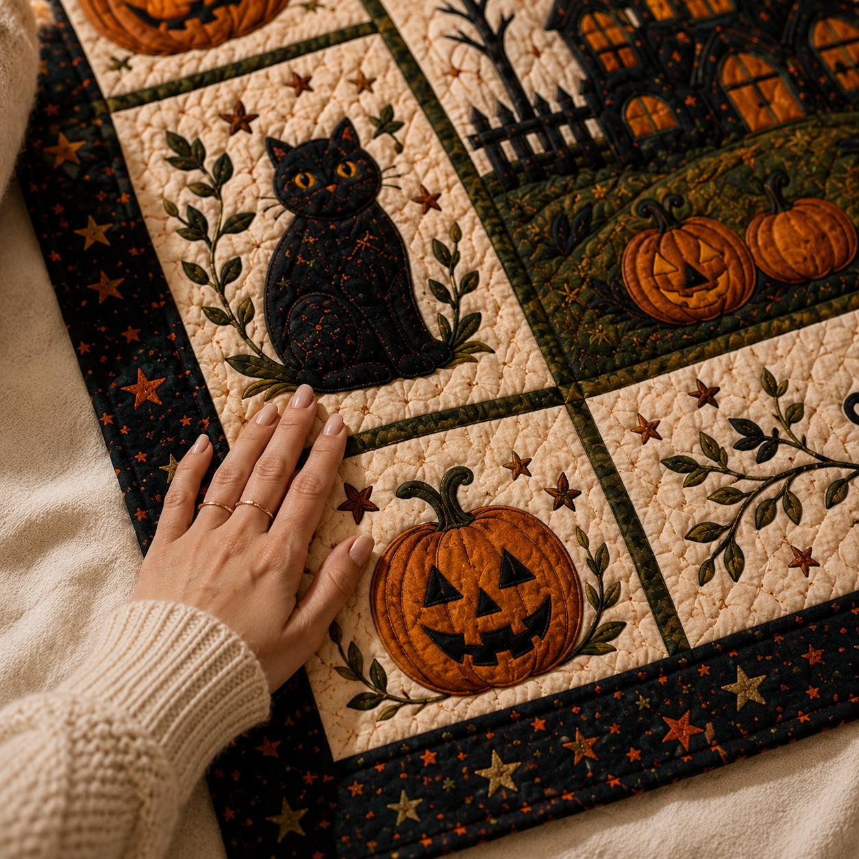 Halloween Patchwork Quilt Set, Pumpkin Ghost Bat Bedding Set, Spooky Fall Quilt Blanket, Halloween Bedroom Decor, Cozy Autumn Bedspread