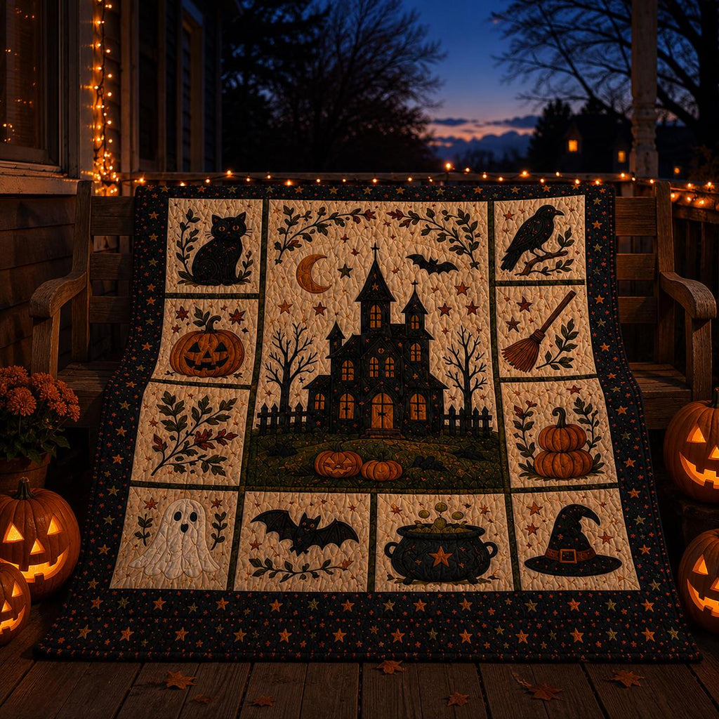 Halloween Patchwork Quilt Set, Pumpkin Ghost Bat Bedding Set, Spooky Fall Quilt Blanket, Halloween Bedroom Decor, Cozy Autumn Bedspread