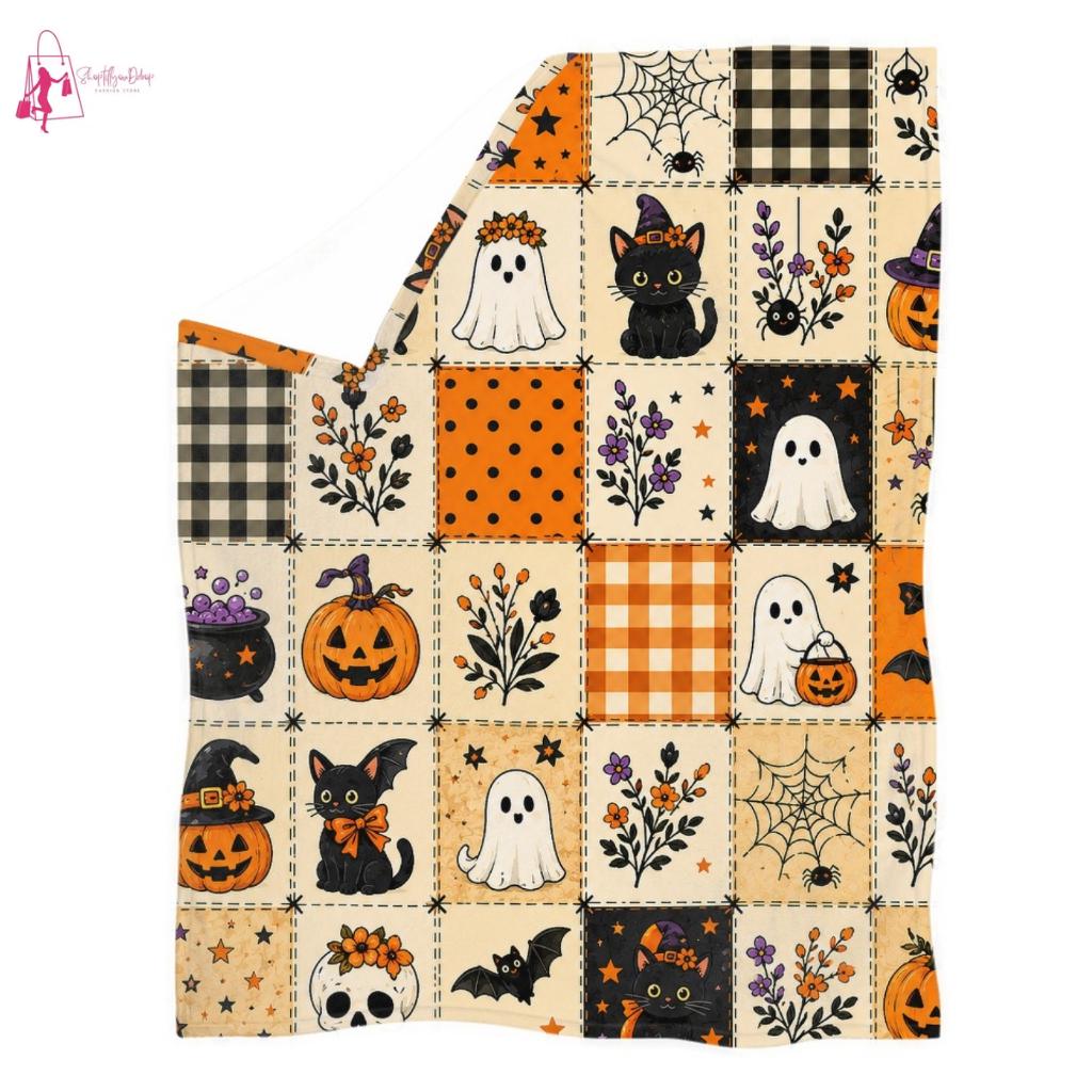 Halloween Ghost Fleece Blanket, Spooky Black Cat Throw Blanket, Pumpkin Patchwork Cozy Blanket, Cute Fall Halloween Home Decor Gift