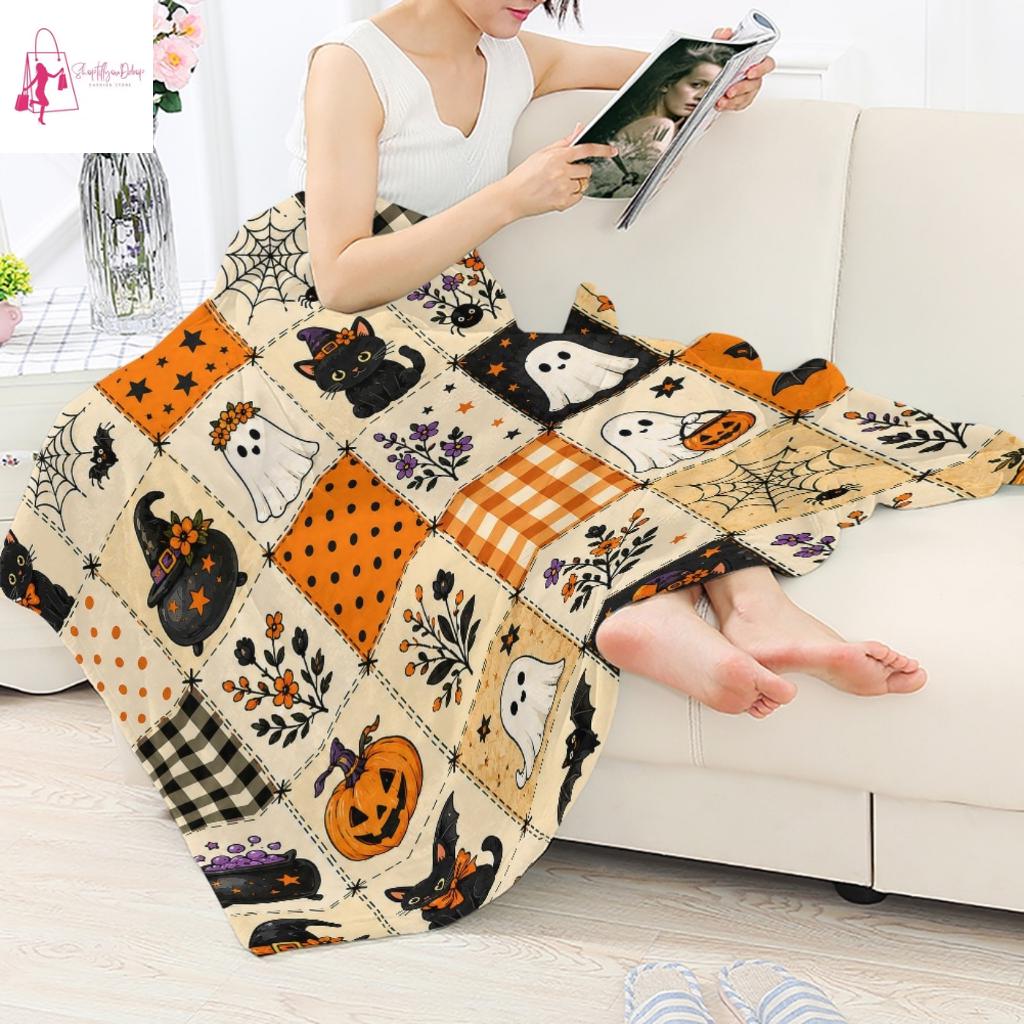 Halloween Ghost Fleece Blanket, Spooky Black Cat Throw Blanket, Pumpkin Patchwork Cozy Blanket, Cute Fall Halloween Home Decor Gift