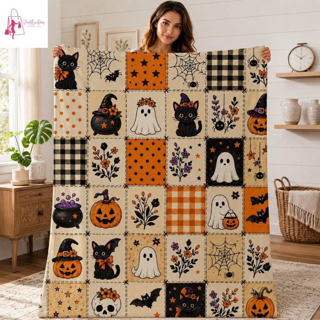 Halloween Ghost Fleece Blanket, Spooky Black Cat Throw Blanket, Pumpkin Patchwork Cozy Blanket, Cute Fall Halloween Home Decor Gift