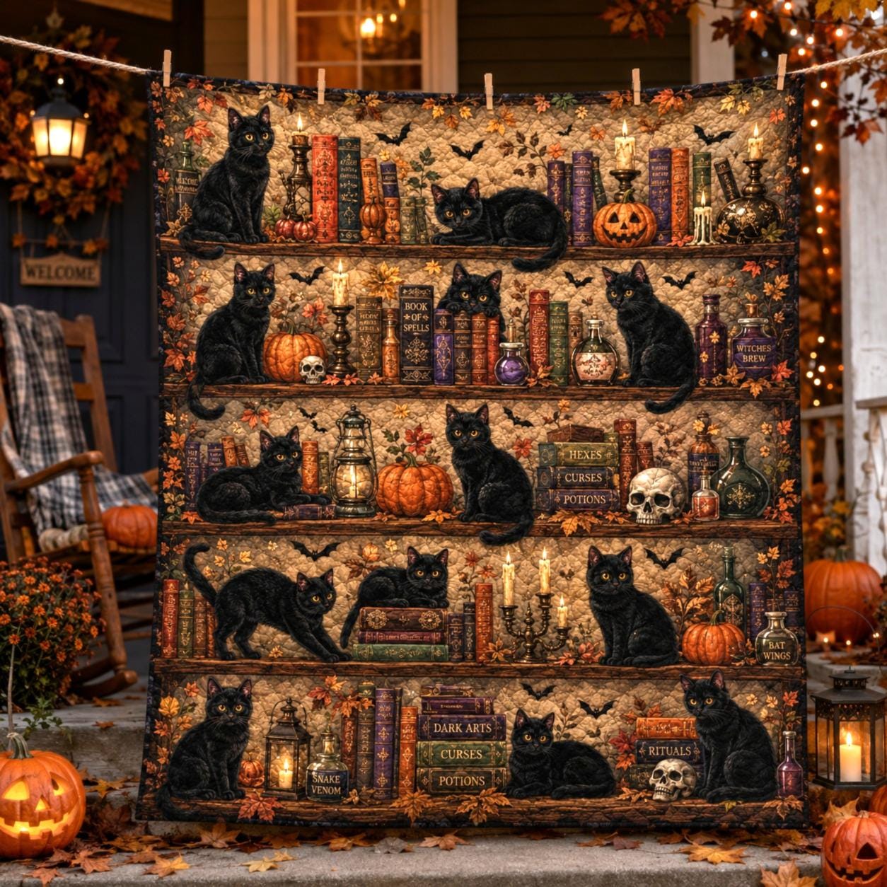 Black Cat Halloween Quilt Blanket, Witchy Library Bookshelf Spooky Season Blanket, Pumpkin Cat Ghost Patchwork Quilt, Fall Cozy Decor