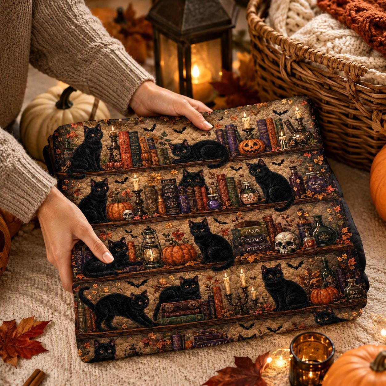 Black Cat Halloween Quilt Blanket, Witchy Library Bookshelf Spooky Season Blanket, Pumpkin Cat Ghost Patchwork Quilt, Fall Cozy Decor