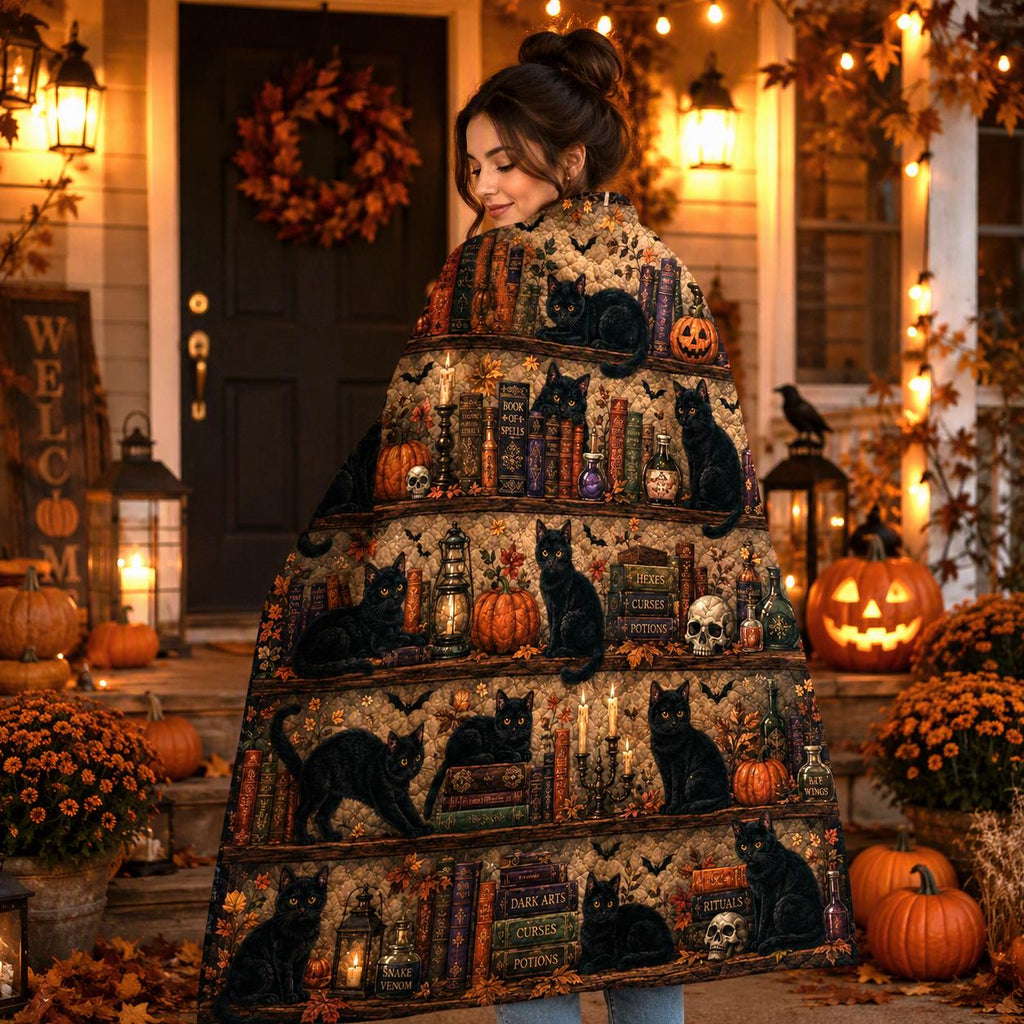 Black Cat Halloween Quilt Blanket, Witchy Library Bookshelf Spooky Season Blanket, Pumpkin Cat Ghost Patchwork Quilt, Fall Cozy Decor