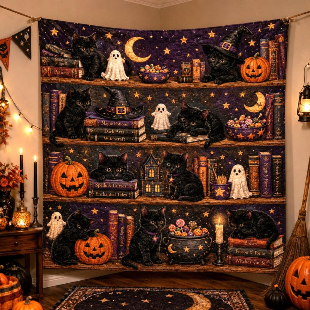 Black Cat Halloween Quilt Blanket, Witchy Library Bookshelf Spooky Season Blanket, Pumpkin Cat Ghost Patchwork Quilt, Fall Cozy Decor
