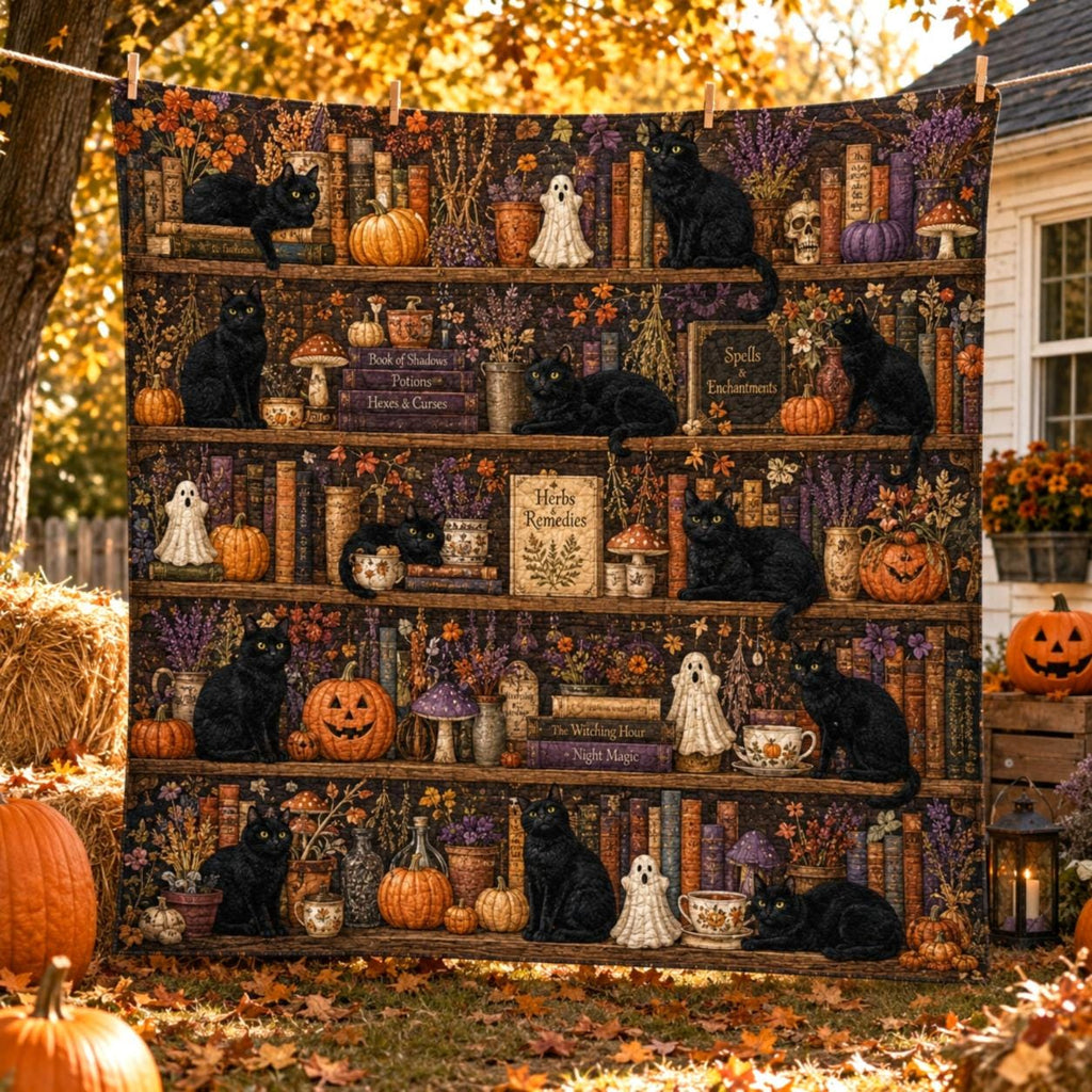 Black Cat Halloween Quilt Blanket, Witchy Library Bookshelf Spooky Season Blanket, Pumpkin Cat Ghost Patchwork Quilt, Fall Cozy Decor