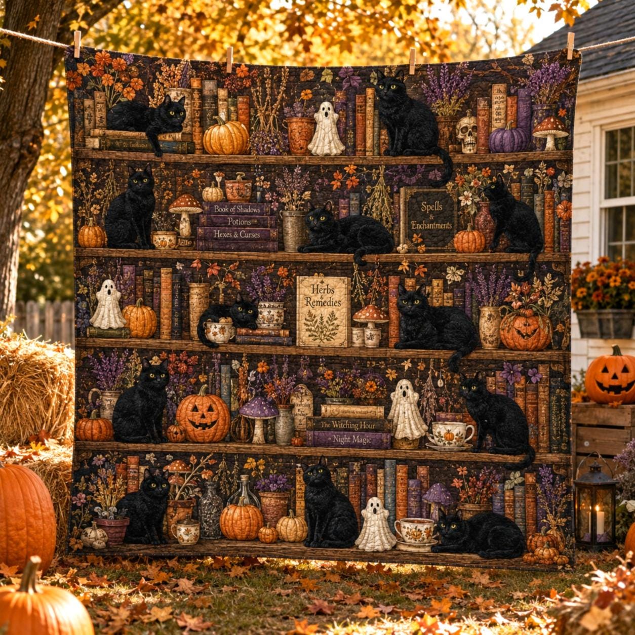 Black Cat Halloween Quilt Blanket, Witchy Library Bookshelf Spooky Season Blanket, Pumpkin Cat Ghost Patchwork Quilt, Fall Cozy Decor