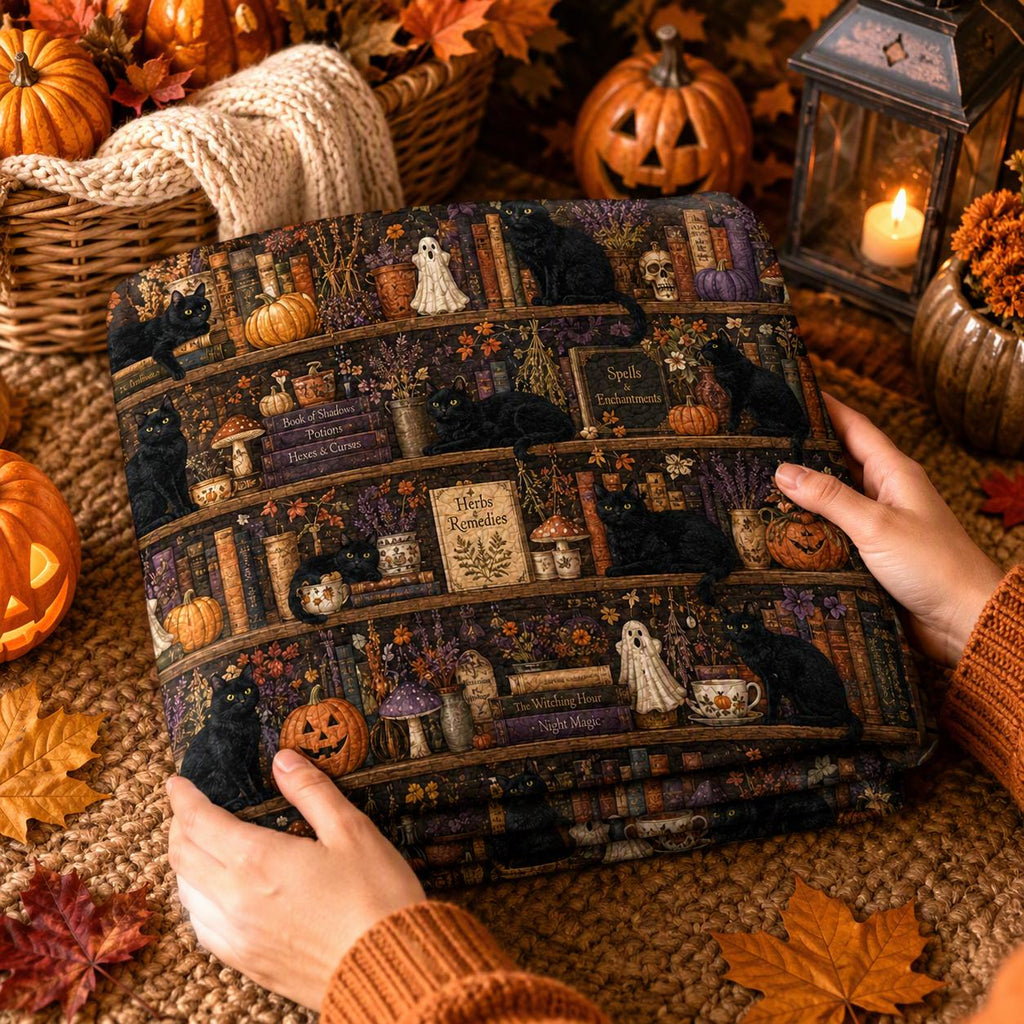 Black Cat Halloween Quilt Blanket, Witchy Library Bookshelf Spooky Season Blanket, Pumpkin Cat Ghost Patchwork Quilt, Fall Cozy Decor
