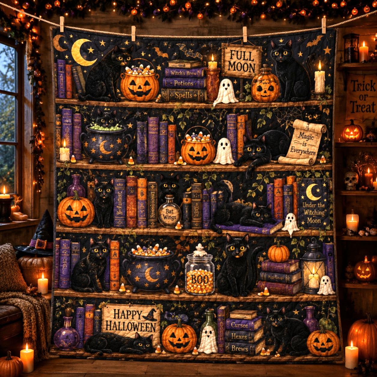 Black Cat Halloween Quilt Blanket, Witchy Library Bookshelf Spooky Season Blanket, Pumpkin Cat Ghost Patchwork Quilt, Fall Cozy Decor